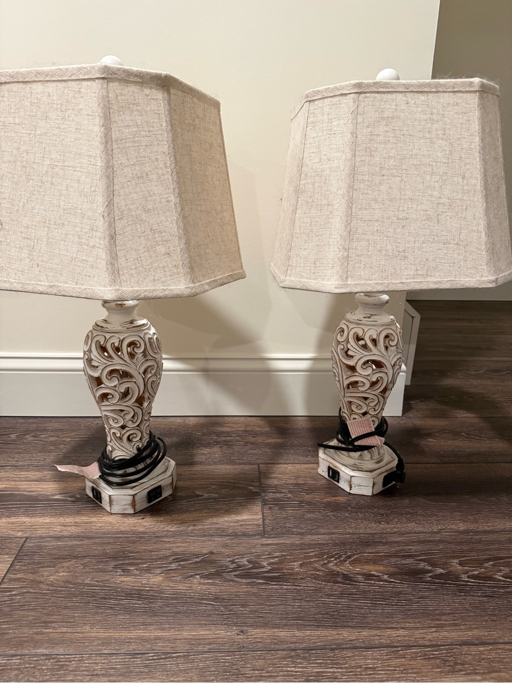 Pair of Cream Ornate Table Lamps with Beige Shades